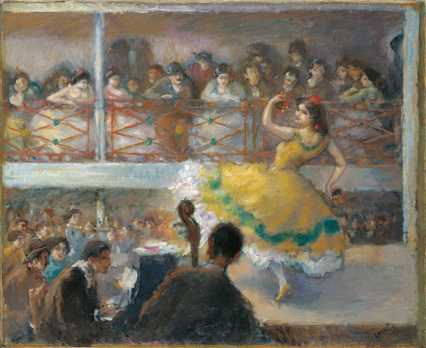 An oil painting of a flamenco dancer in a yellow dress on a small stage, with seated musicians in dark silhouette in the foreground and an audience on a balcony behind