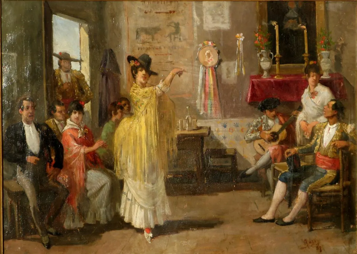 A painting of a flamenco party in a tiled room: a dancer in a yellow shawl, seated guitarists and onlookers in 19th-century dress